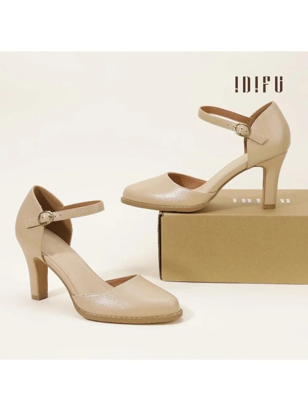 Women's Nude Pu Closed Toe Chunky High Heels Comfortable Party Dress Pumps Shoes
